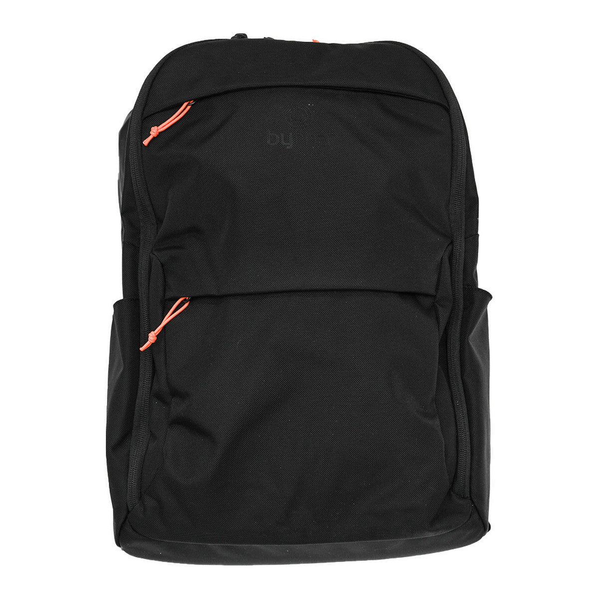 A black backpack with two orange zipper pulls, shown against a plain white background. The brand name Byrna is subtly printed in dark gray on the upper front.