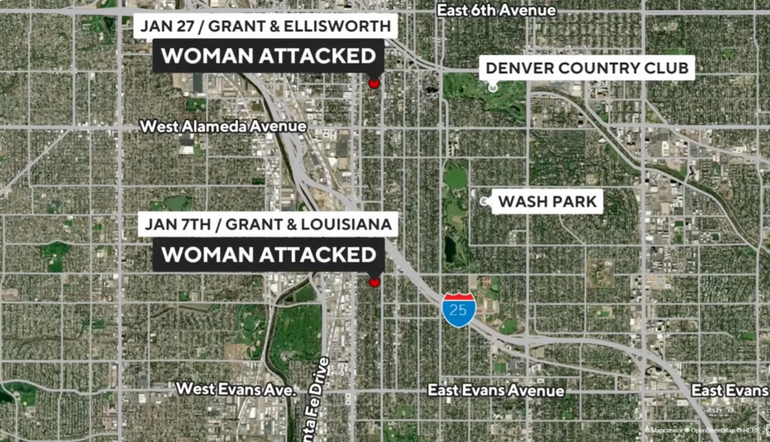 Map of Denver near Wash Park pinpointing where two women runners were attacked.