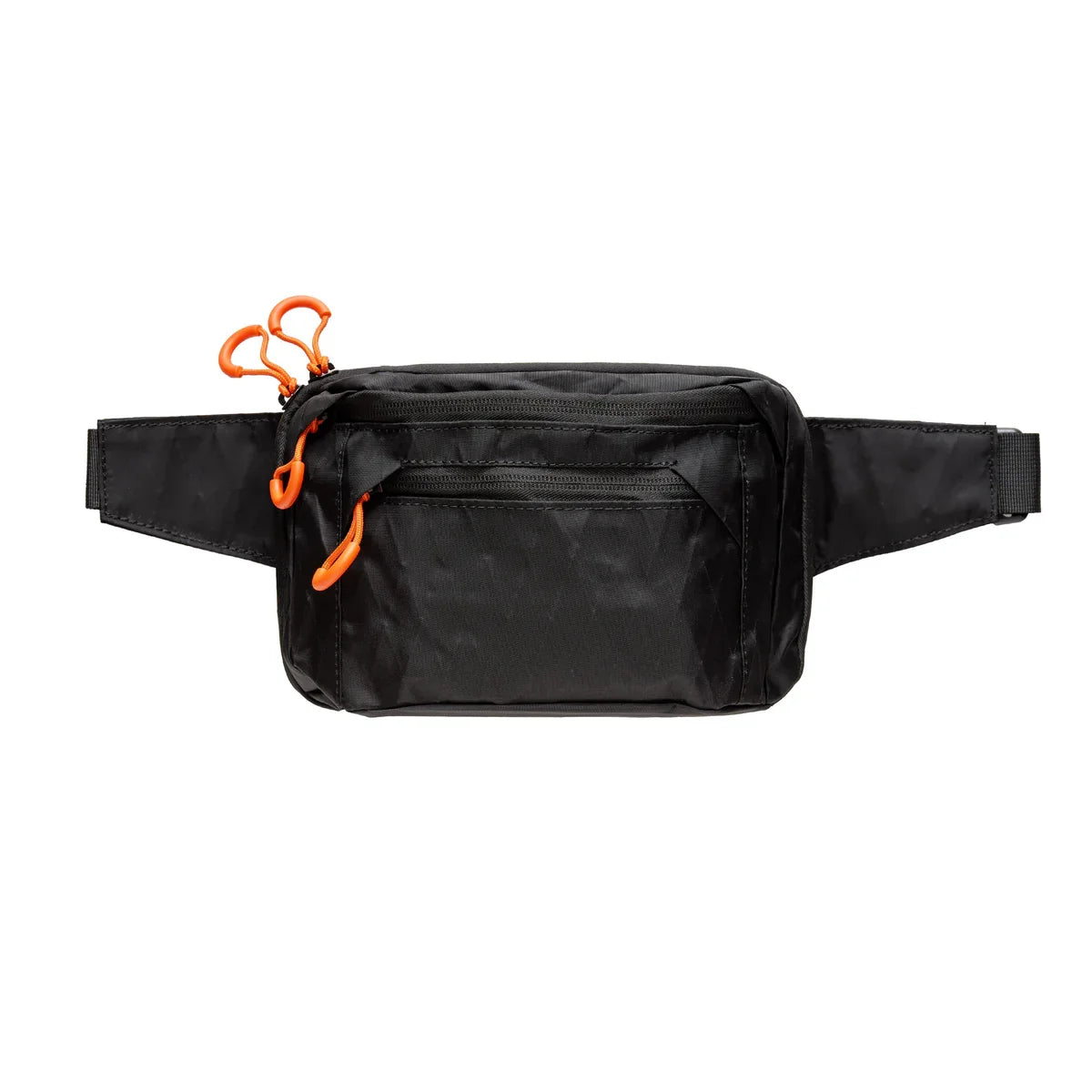 Black waist bag with orange zipper pulls on a white background.