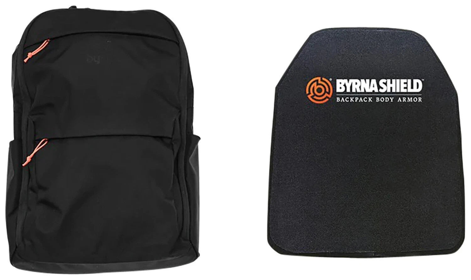 A black backpack shown from the front next to a black protective insert labeled BYRNA SHIELD BACKPACK BODY ARMOR, on a plain white background.
