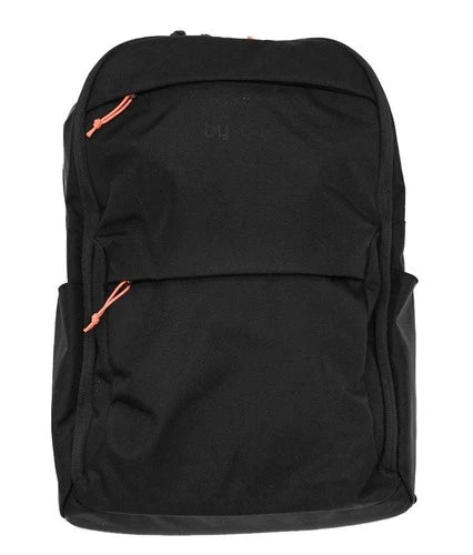 A black backpack with two orange zipper pulls, shown against a plain white background.