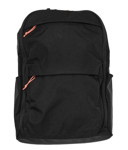 A black backpack with two orange zipper pulls, shown against a plain white background.