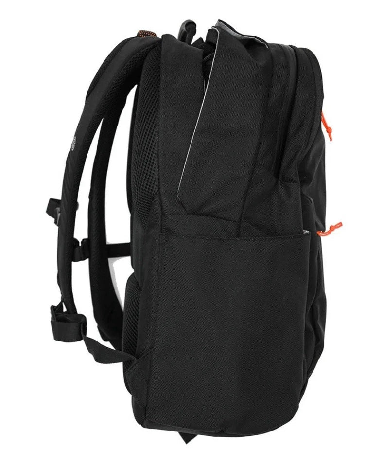 A black backpack shown from the side against a plain white background, featuring orange zipper pulls and a side pocket.