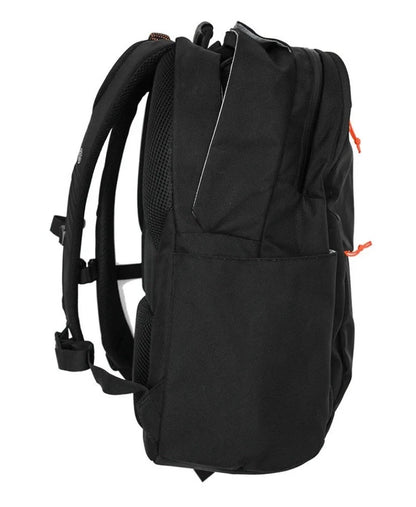 A black backpack shown from the side against a plain white background, featuring orange zipper pulls and a side pocket.