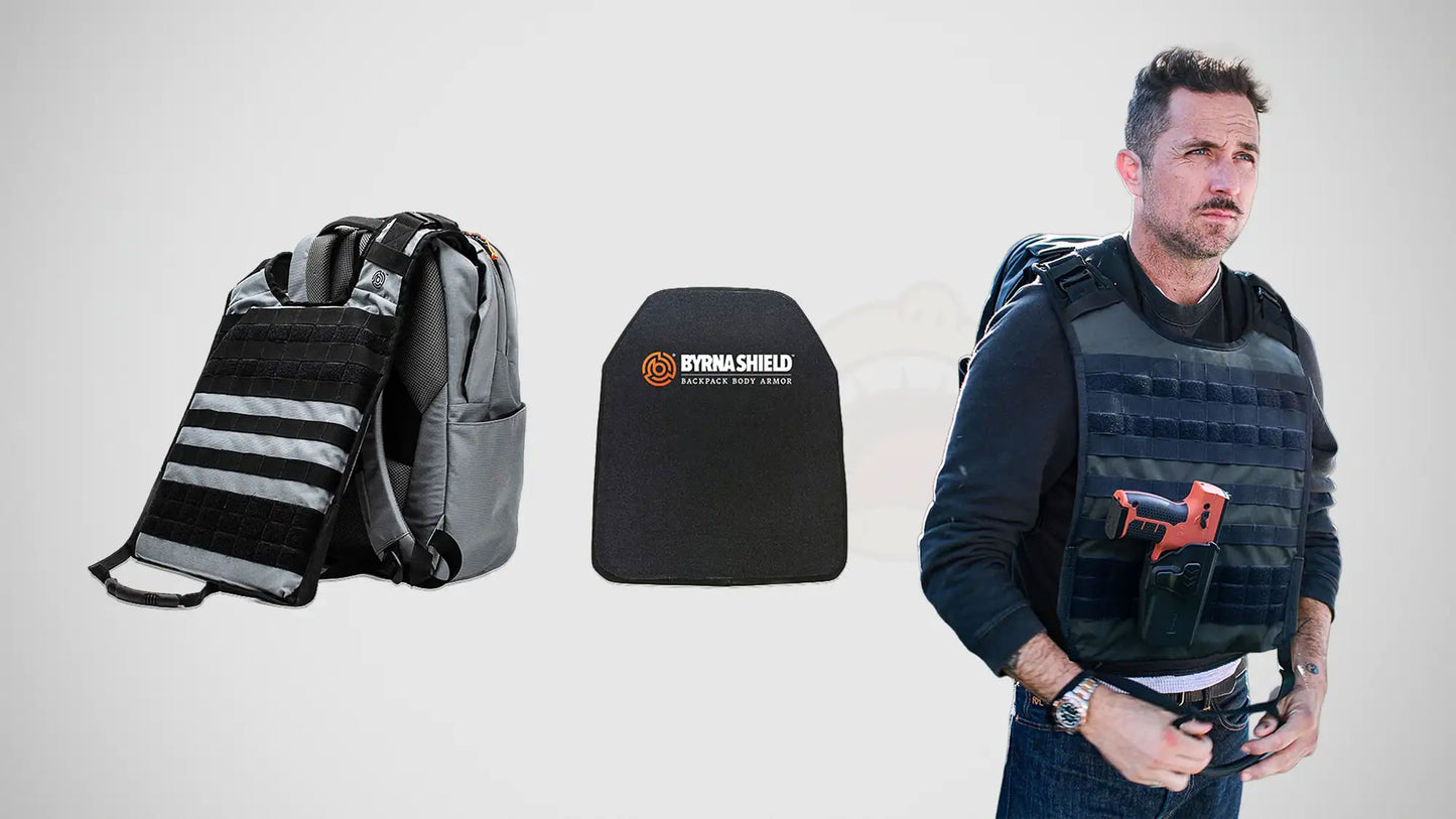 A man wearing a backpack with deployed tactical vest with a holster attached to the vest molle holding an orange Byrna launcher, shown next to two product cutouts on a white background: a gray and black protective backpack on the left and a black Byrna Shield plate on the center.