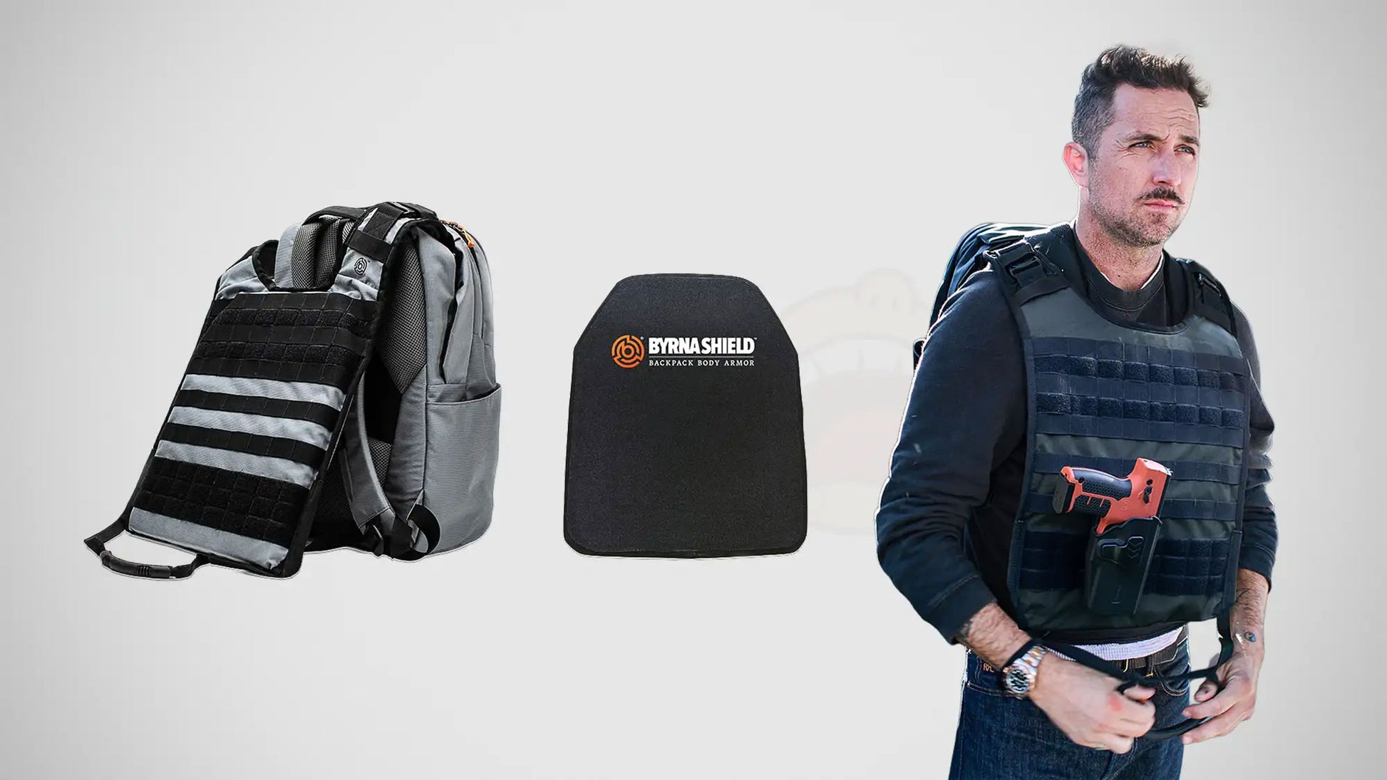 A man wearing a backpack with deployed tactical vest with a holster attached to the vest molle holding an orange Byrna launcher, shown next to two product cutouts on a white background: a gray and black protective backpack on the left and a black Byrna Shield plate on the center.