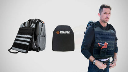 A man wearing a backpack with deployed tactical vest with a holster attached to the vest molle holding an orange Byrna launcher, shown next to two product cutouts on a white background: a gray and black protective backpack on the left and a black Byrna Shield plate on the center.