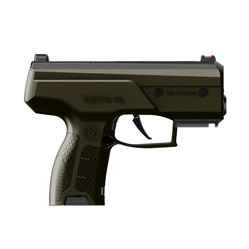 Green Byrna Compact Launcher facing the right on a white background.