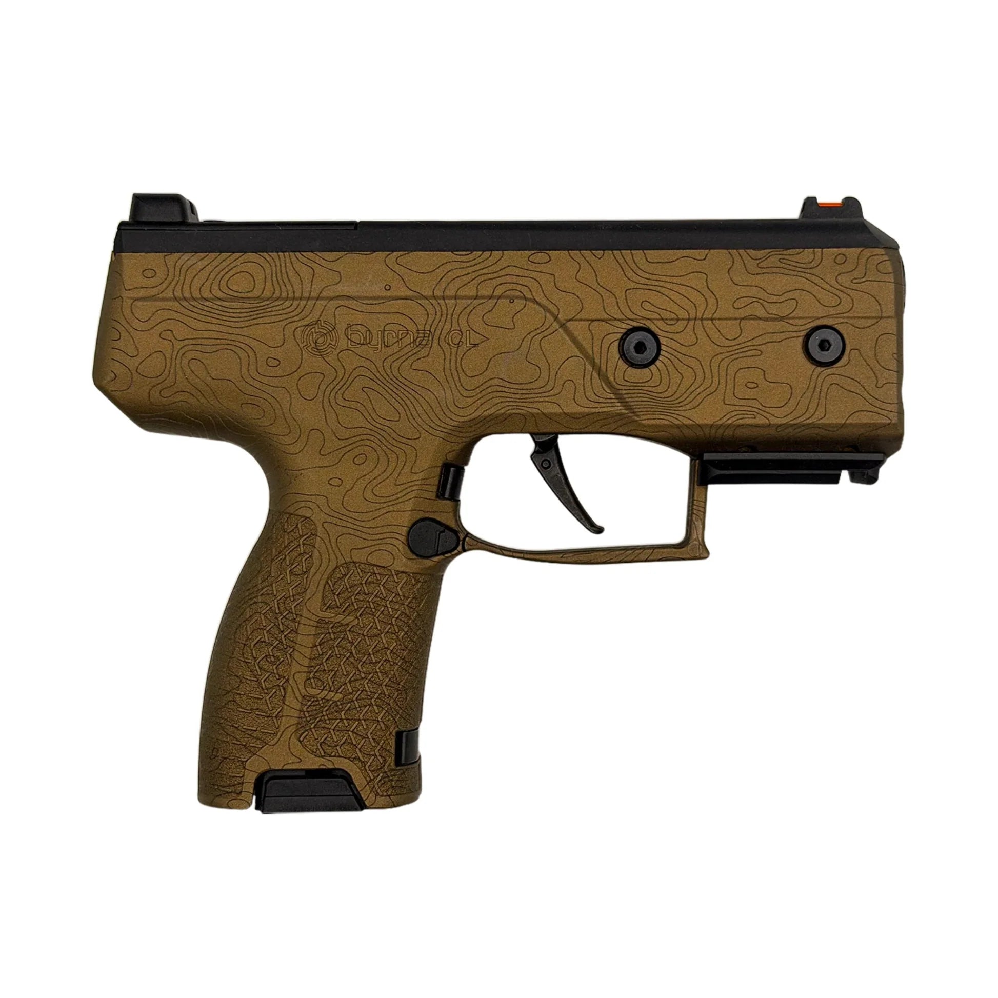 Bronze Topo-Map Byrna Compact Launcher facing the right on a white background.