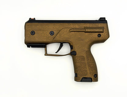 Bronze Topo-Map Byrna Compact Launcher facing the left on a white background.