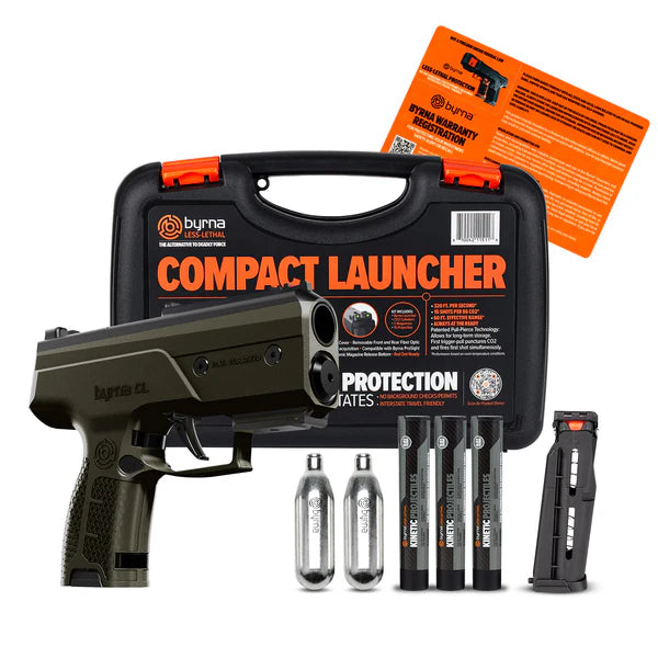 Byrna Compact Launcher kit with case, launcher, and accessories on a white background.