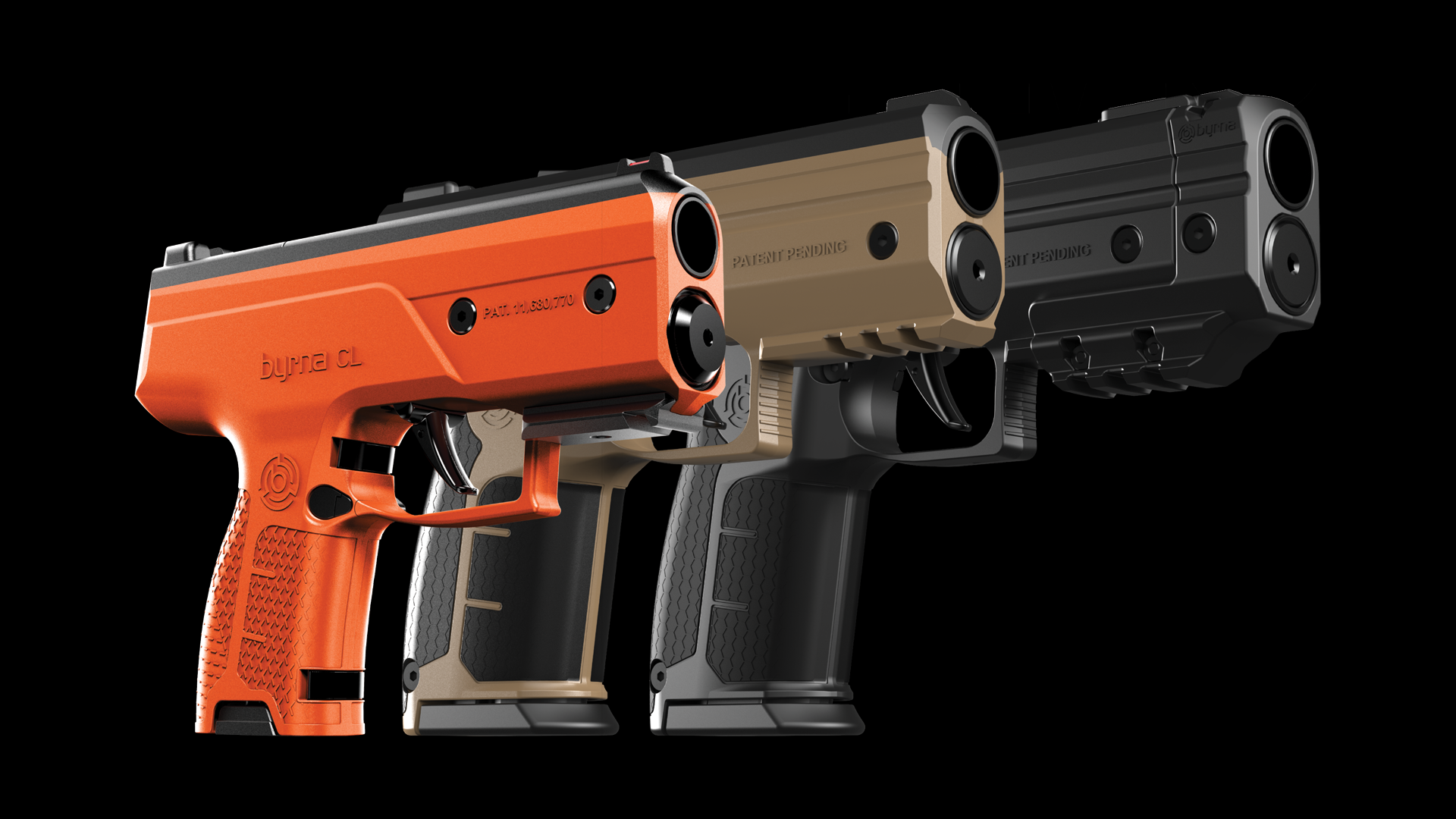 Three Byrna pistol launchers in orange, tan, and black on a black background.