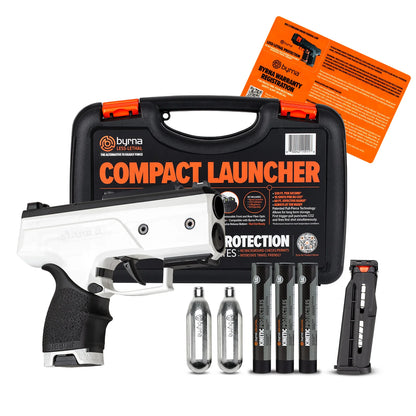 Byrna Compact Launcher kit with case, launcher, and accessories on a white background.