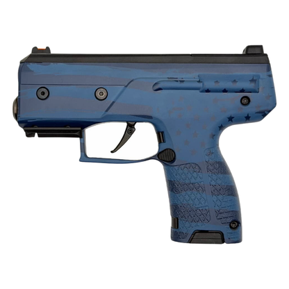 Navy Blue Byrna Compact Launcher with stars and stripes pattern on a white background.
