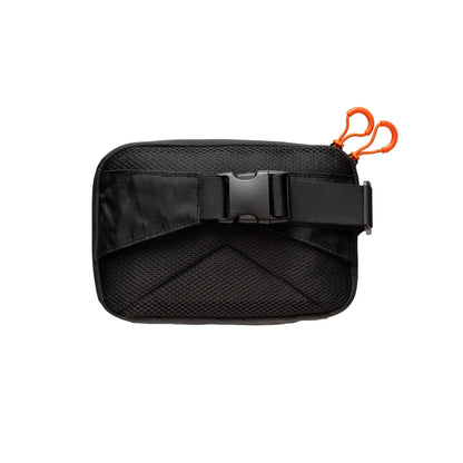 Back side of black waist bag with orange zipper pulls showing waist band clip on a white background