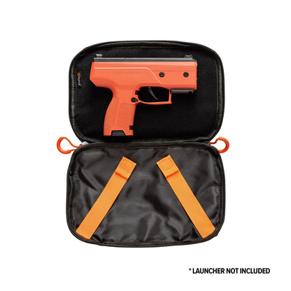 Orange Byrna pistol launcher in black waist bag with orange zipper pulls on a white background