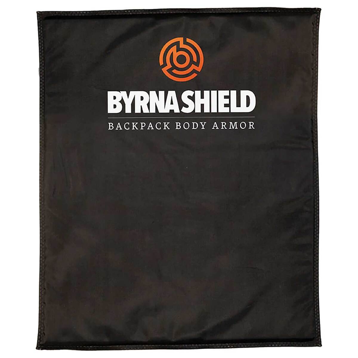 A black body armor with a stitched cover, featuring the orange and white Byrna Shield backpack body armor logo printed on the front, set against a plain white background.