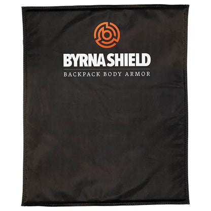 A black body armor with a stitched cover, featuring the orange and white Byrna Shield backpack body armor logo printed on the front, set against a plain white background.