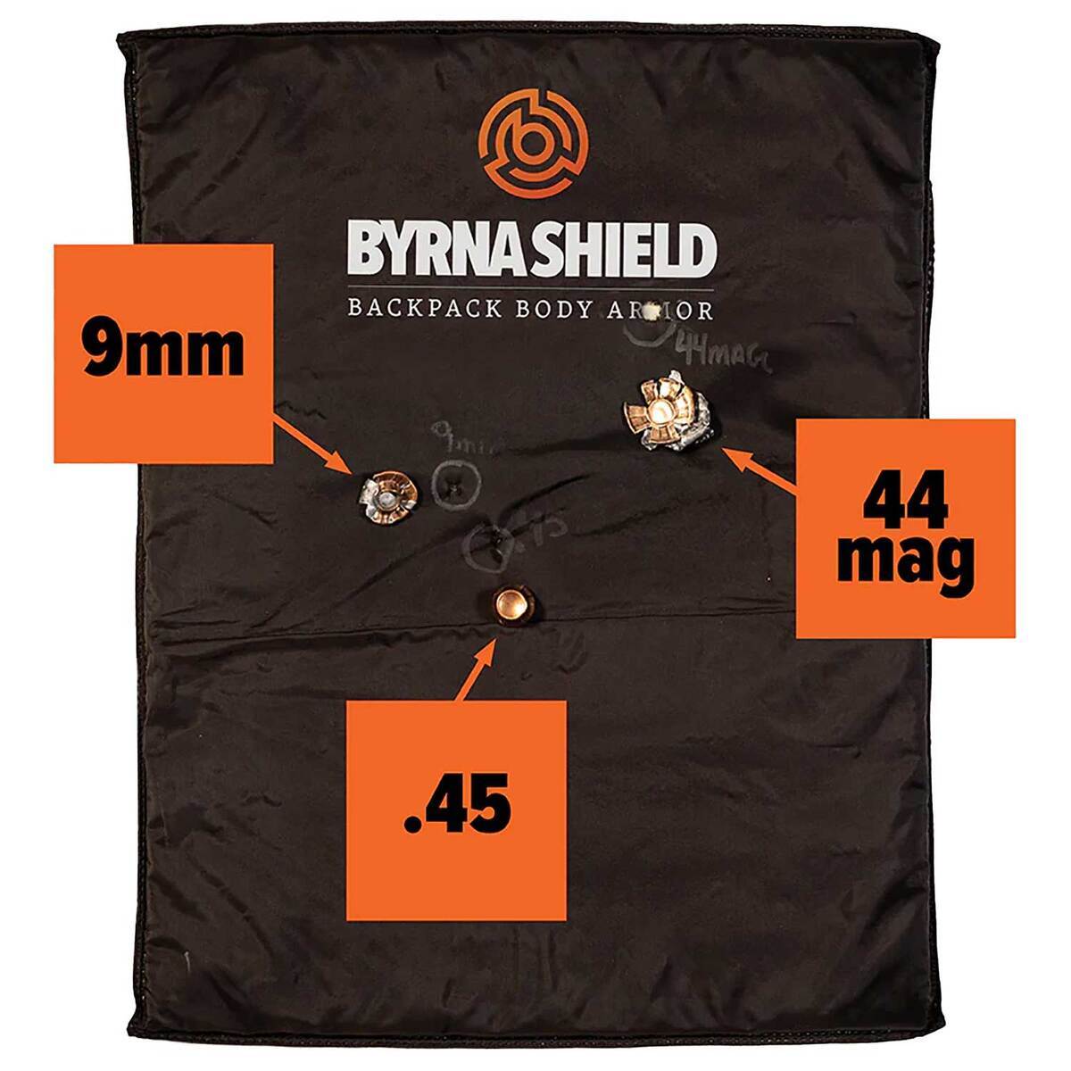 A black Byrna Shield backpack body armor test with three bullet holes and orange callout boxes indicating 9mm, .45, and 44 mag caliber impacts, on a white background.