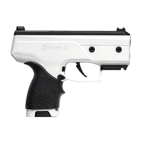 White Byrna Compact Launcher with black grip and trigger on a white background.