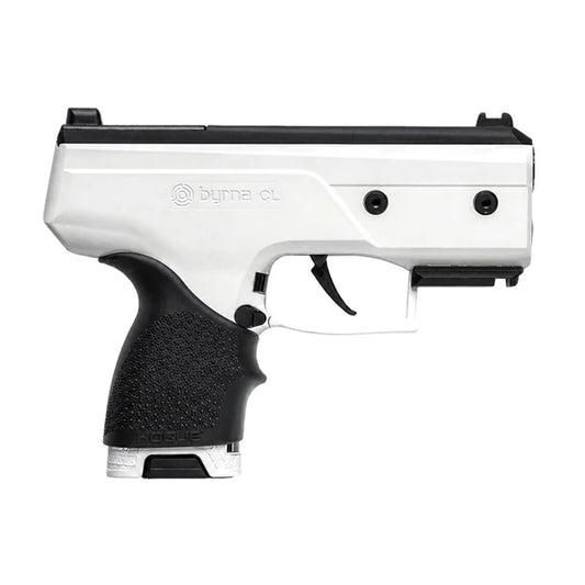 White Byrna Compact Launcher with black grip and trigger on a white background.